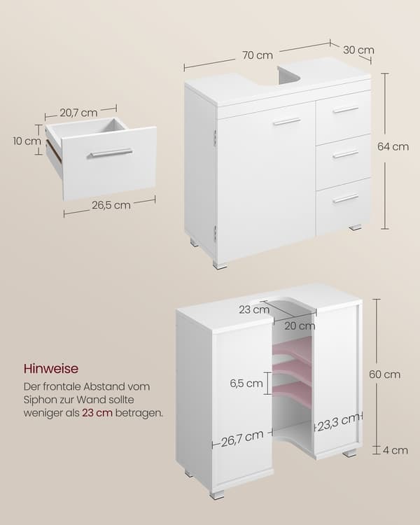 Badeværelsesskab, 30x70x64 cm, Hvid, MDF