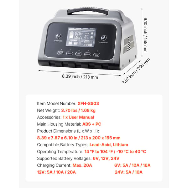 Batterioplader 20A LCD-display Trickle vedligeholder Desulfator ABS+PC