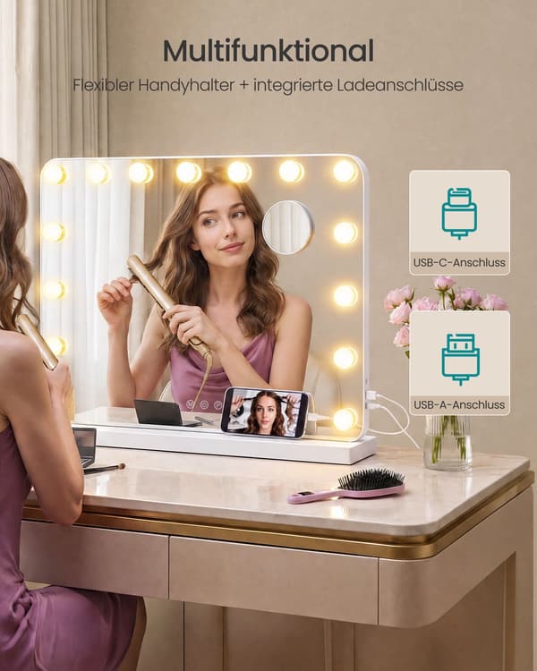 Hollywood-makeupspejl med 15 dæmpbare LED-lys