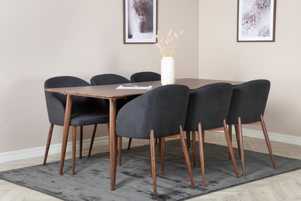 Spisebord og stole sæt Polar 180 cm valnød sort stof