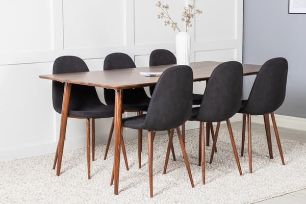 Spisebord og stole sæt Polar 180 cm valnød sort stof