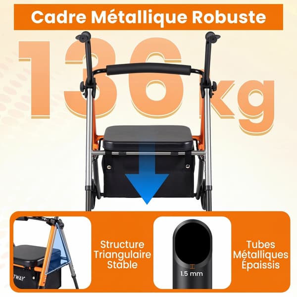 Sammenklappelig 4-hjulet rollator 56x64x79-93 cm orange/sort
