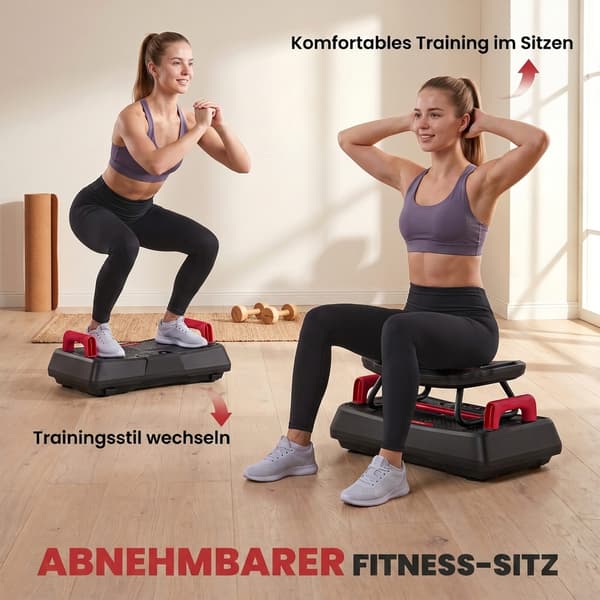 Støjsvag vibrationsplade med sæde, 99 intensitetsniveauer, 3 forprogrammer, justerbar højde