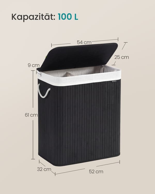 Vasketøjskurv 52x32x61 cm Sort Bambus