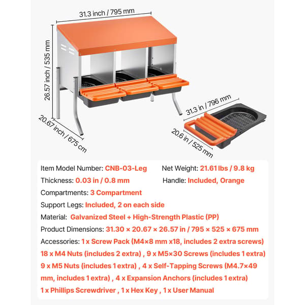 Hönsrede, 79,5x52,5x67,5 cm, Orange, Galvaniserat stål