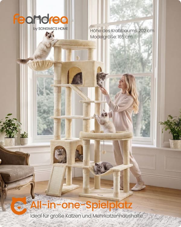 Stort kattetre, beige, 6 hvilestasjoner med sisalstolper