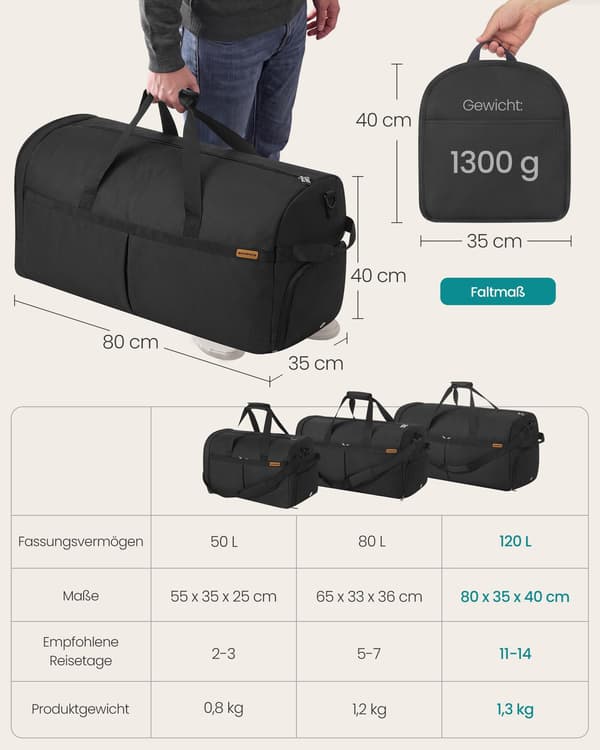 Stor sort sammenfoldelig sportstaske med separate rum