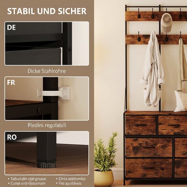 Frakkestativ med stofskuffe 100x30x183 cm rustik brun/sort