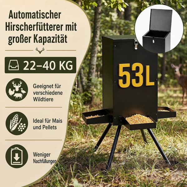 Gravitationsfoderautomat til vildt med 4 foderbakker og 4-benet stativ, sort
