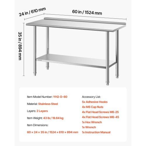 Arbejdsbord i rustfrit stål 61x152 cm med bagkant og justerbar undershelf