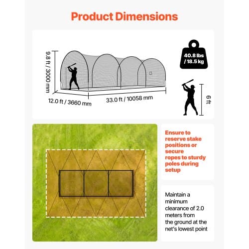 Baseball Batting Cage, 10058x3660x3000 mm, Polyester Net, Transportabel