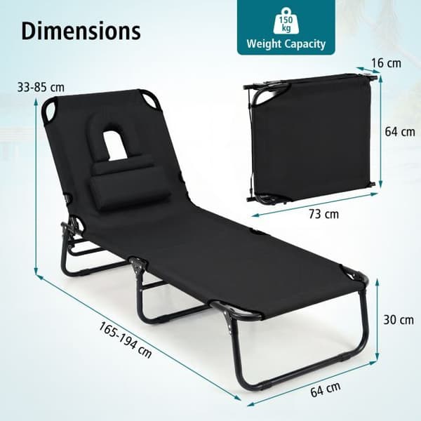 Sammenklappelig solseng 165-194x64x33-85 cm sort