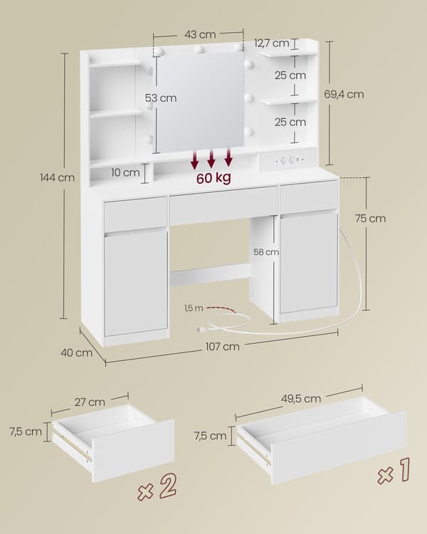 Sminkbord 107x40x144 cm Vit