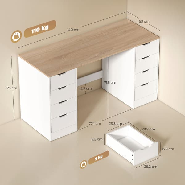 Computerskrivebord, 140x53x75 cm, Hvid, Træ og Stål
