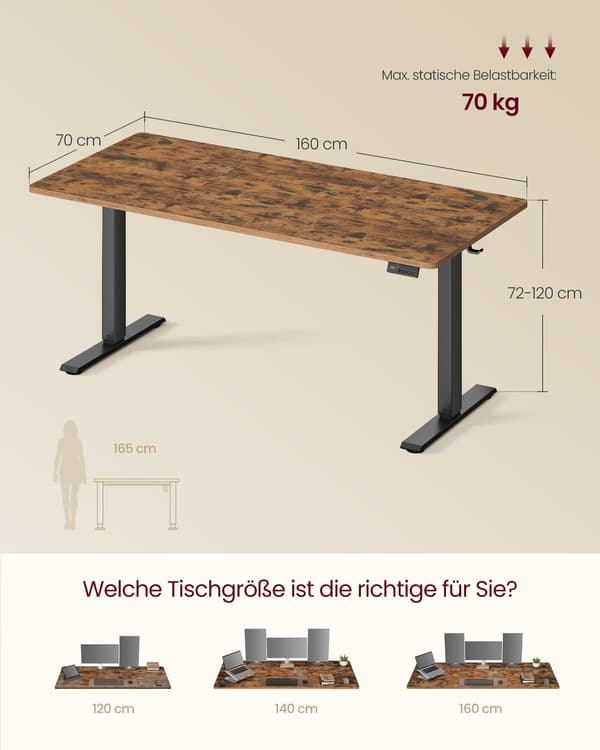 Højdejusterbart skrivebord 160 x 70 cm, brun