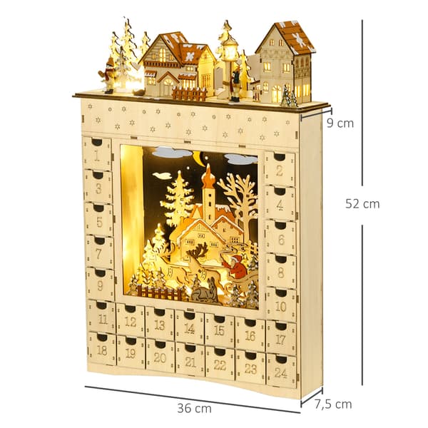 Adventtikalenteri, jossa 24 laatikkoa, LED-valot, 36x9x52 cm, luonnonpuu