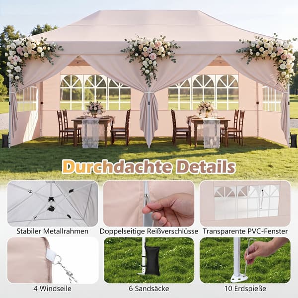 Sammenklappelig pavillon med 4 sidepaneler 3x6x2,9-3,1 m beige
