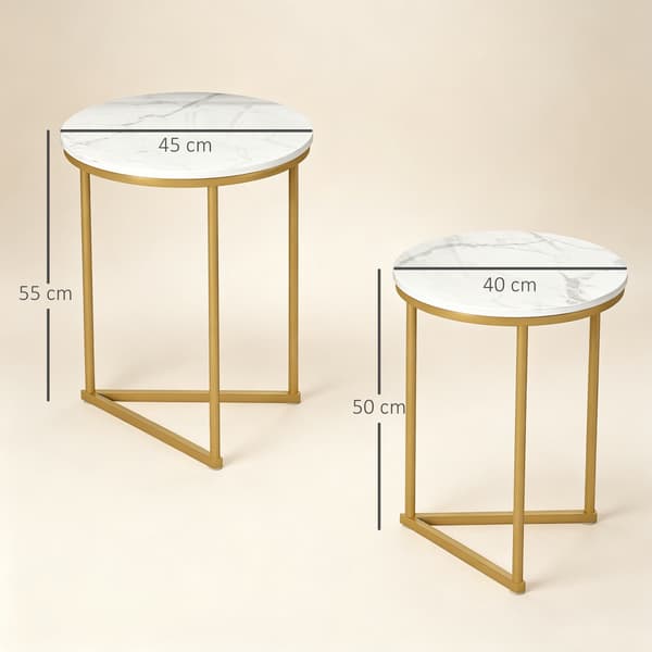 Sidobord Set om 2 45x45x55 cm och 40x40x50 cm vit marmorlook/guld
