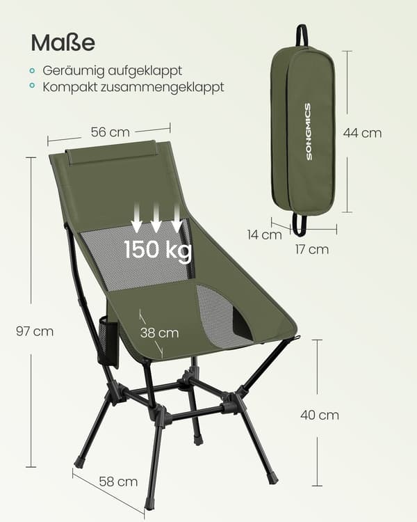 Campingstol 58x56x97 cm Grön Stål