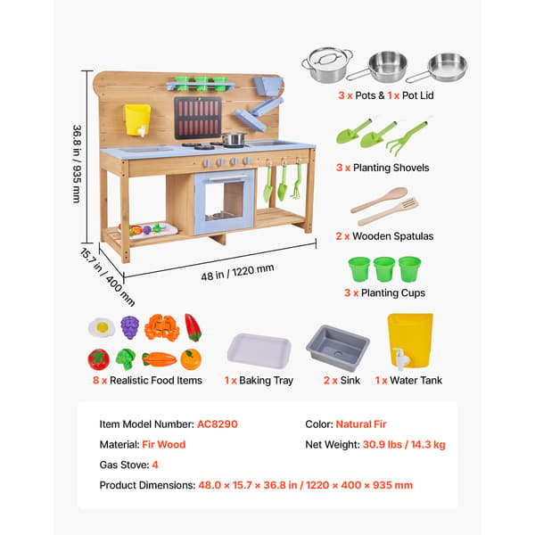 Mud Kitchen, 122x42,5x93 cm, Natur, Træ