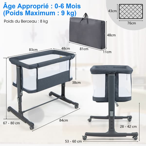 Babyseng 3-i-1 med madras og bærepose 83x48x67-80 cm mørkegrå