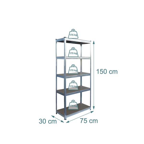Hyllsystem, 5 hyllplan, 875 kg, Ljusbrun/Silver, Stål, Kodustaar