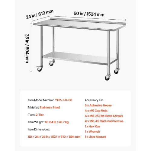 Arbejdsbord 61x152 cm Rustfrit stål Justerbar undershelf