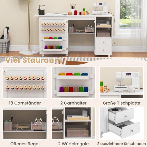 Sybord med hjul, foldbart 146x50x78 cm hvid