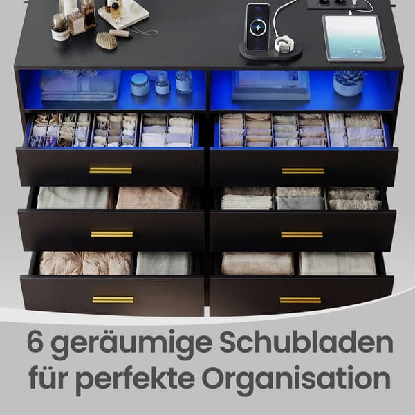 Kommode med LED-belysning og opladningsstation, 6 skuffer, moderne