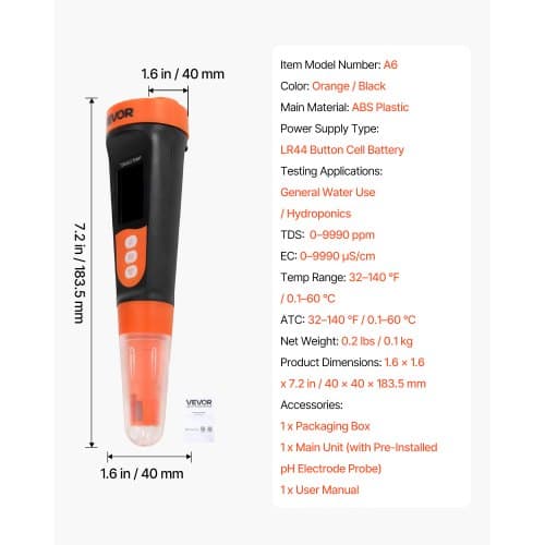 TDS-meter A6 0-9990 ppm 40x40x183,5 mm orange/sort