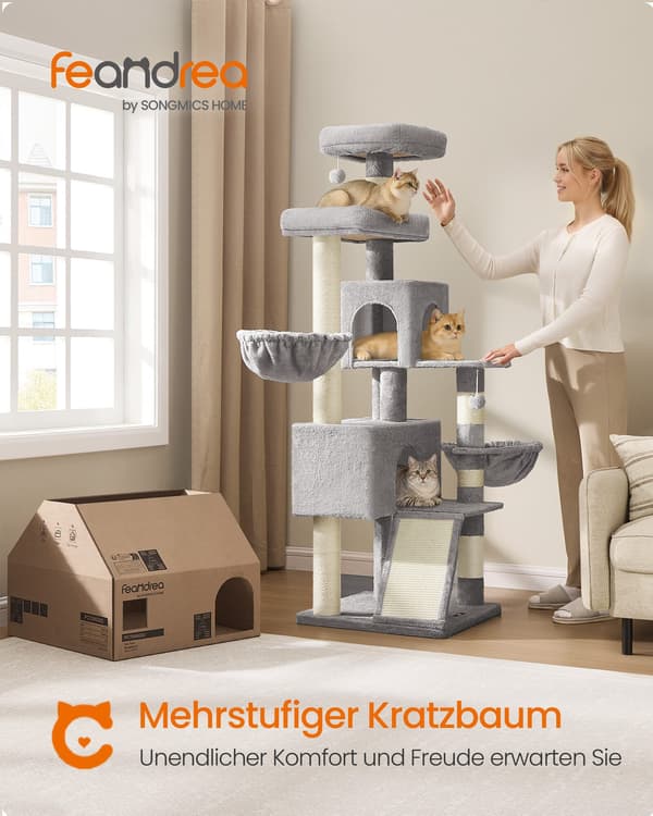 Klatretre til katt 174 cm med stor platform og dobbel hule, duegrå