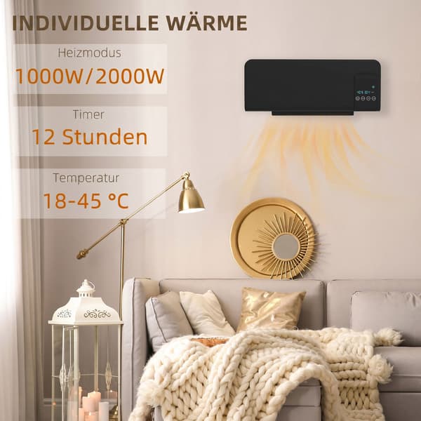 Elektrisk varmelegeme, vægmontering, svingfunktion, 2 tilstande, timer, LED-display, sort
