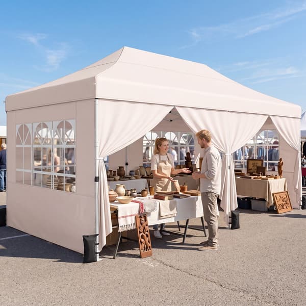 Sammenklappelig pavillon med 4 sidepaneler 3x6x2,9-3,1 m beige