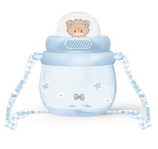 MINISO MIKKO Mousse Water Bottle 800 ml - Large Capacity with Cute Straw Design, Adjustable Strap, Push-Button Lid & Leak-Proof