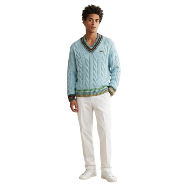 Lacoste Herrtröja med broderad logotyp, kabelstickad V-ringad