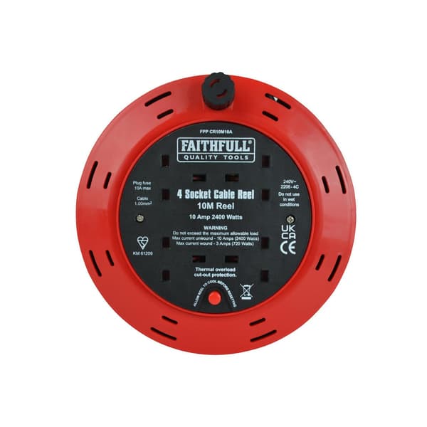 Faithfull Power Plus Cable Reel 240v 10a 4-socket 10m