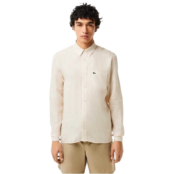 Lacoste Mens Striped Linen Regular Button-Down Shirt