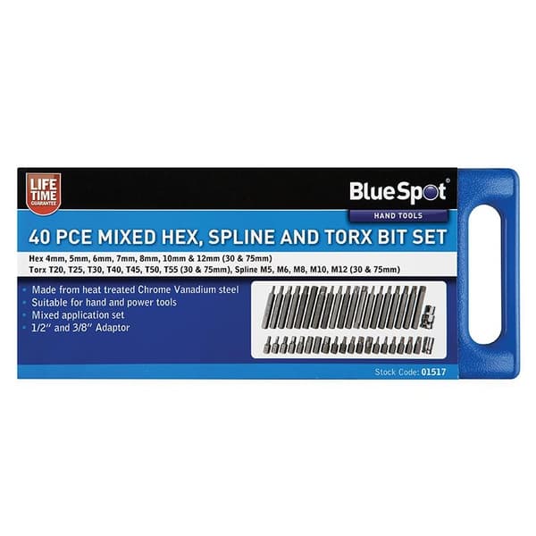BlueSpot Tools Mixed Hex Spline & Torx Bit Set, 40 dele