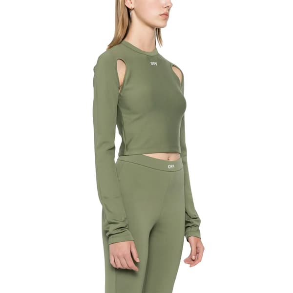 Off White Dam Mock Neck Slim Cold Shoulder Crop Top