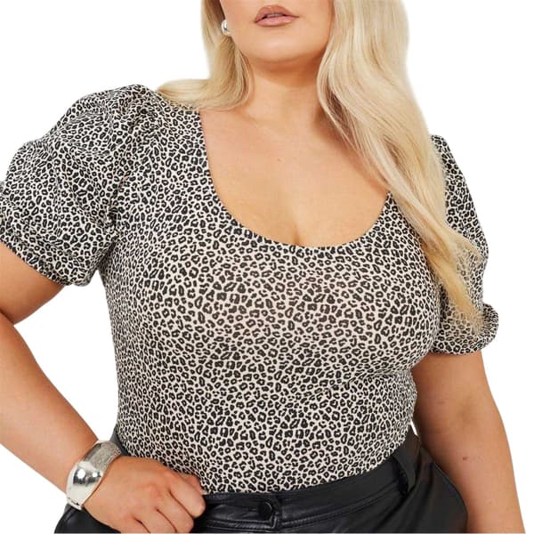 Brave Soul Dam Leopardmönstrad Plus Puffärm Bodysuit