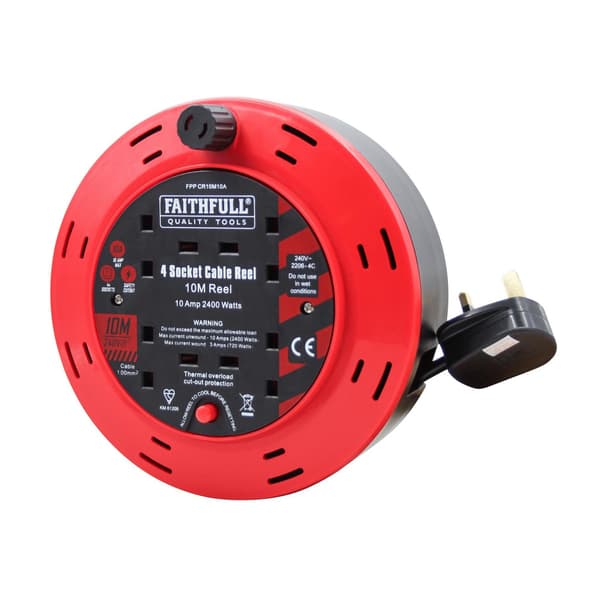 Faithfull Power Plus Cable Reel 240v 10a 4-socket 10m