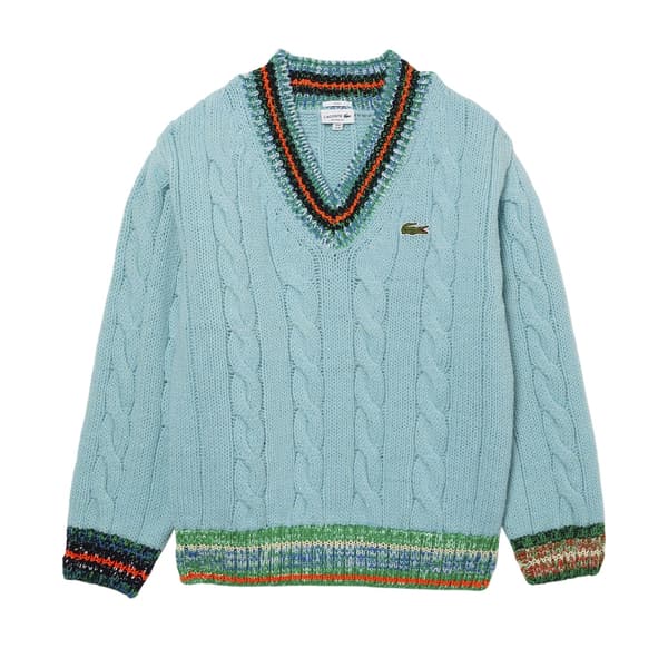 Lacoste Herrtröja med broderad logotyp, kabelstickad V-ringad