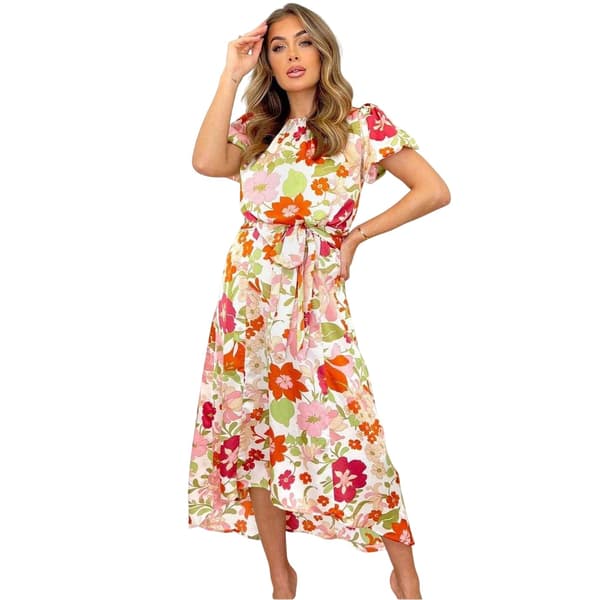 AX Paris Dam/Kvinnor Blommig Polyester Puffärm Midi Klänning