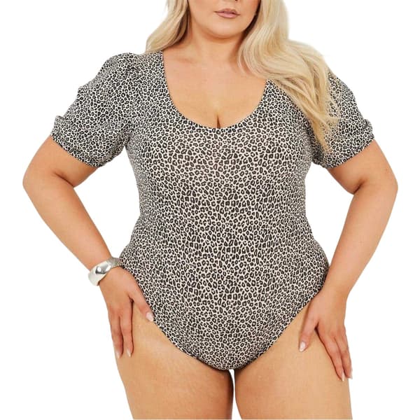Brave Soul Dam Leopardmönstrad Plus Puffärm Bodysuit