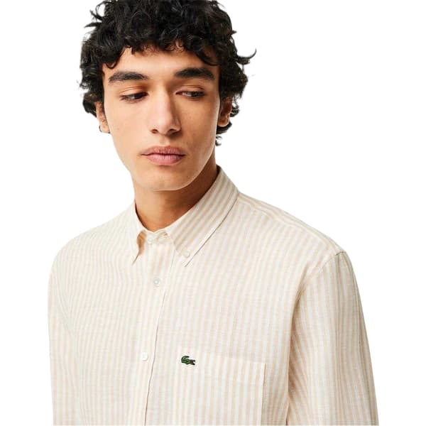 Lacoste Mens Striped Linen Regular Button-Down Shirt