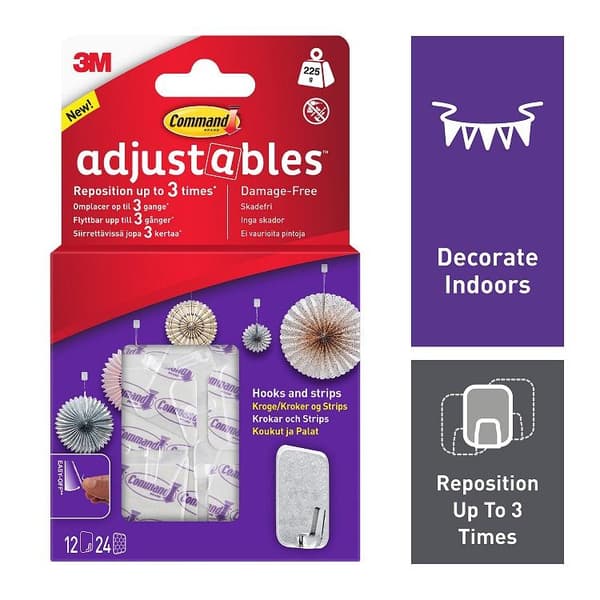 Command 17830CLR-12UKN Adjustables Repositionable Hooks 225g 12pk