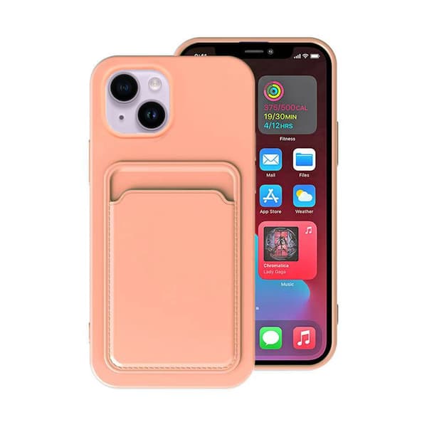 iPhone 14 Plus Silicone Case with Card Holder - Pink