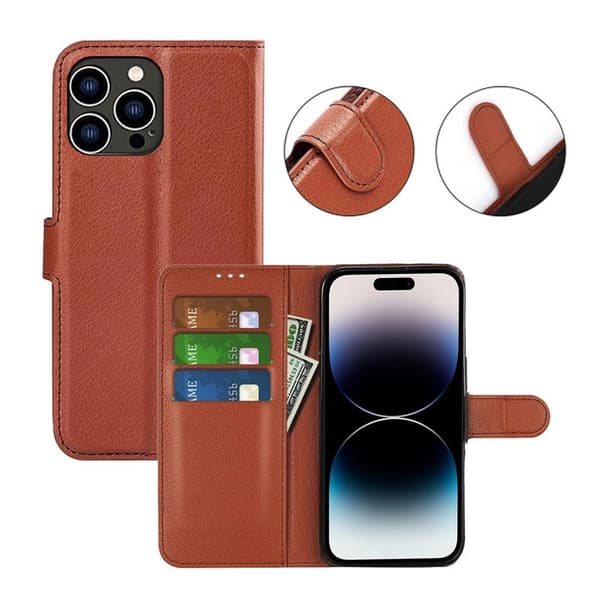 iPhone 15 Pro Max Flip Stand Leather Wallet Case Brown