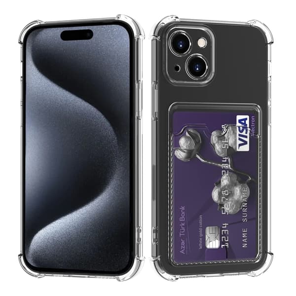 iPhone 15 Shockproof Case with Card Holder - Transparent