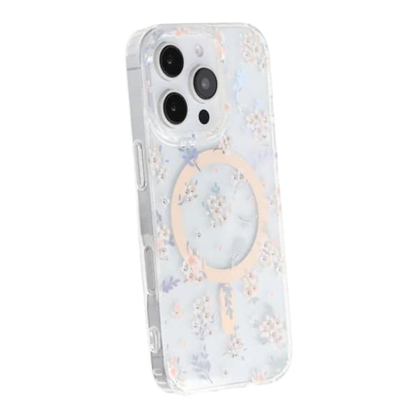 Laser Engraved Floral Rhinestone MagSafe Case For iPhone 16 Pro Pink Geranium